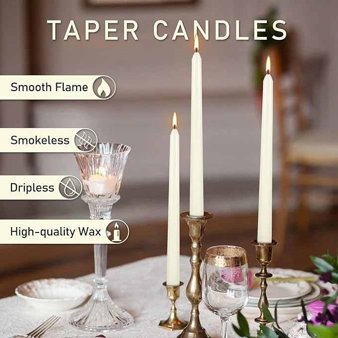 50 Pack Ivory Taper Candles, 7-8 Hours Burn Time, Unscented, Smokeless and Dripless, 4/5 x 10 Inch for Christmas,Household,Dinner,Wedding,Valentine's Day,Party and Home Décor Candlesticks