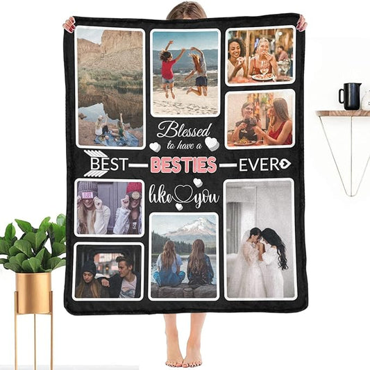 Custom Blanket Gifts for Besties, Customized Blankets with Photos, Make a Personalized Bed Throws to My Besties, Custom Souvenir Throw Blanket for Best Besties Ever, 8 Collages Made in USA