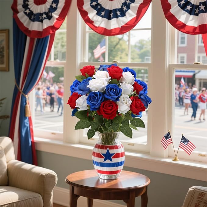24 Roses Artificial Flowers 4th of July Decorations, Red White and Blue Patriotic Flower Arrangement， Realistic Fake Velvet Silk Roses with Stems in Bulk for Memorial Day Centerpiece Home Decor