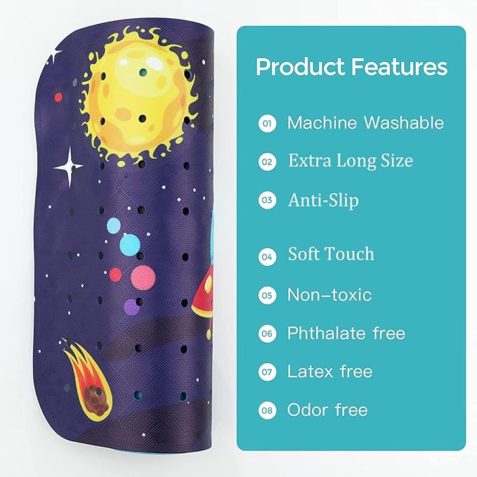 Bathtub Mat Kids Baby Non Slip Shower Mat 40X16 Inch Extra Long Toddler Anti Slip Bath Mats for tub Mat with Suction Cups and Drain Holes,Sky