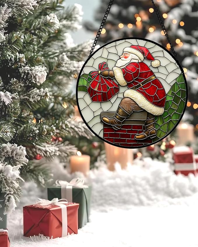 Stained Glass Window Hangings - Santa Claus Climbing The Chimney Suncatcher for Door Home Christmas Decor Sun Catcher Thanksgiving New Year Birthday Gifts for Women Men Mom Nana 11.8 in