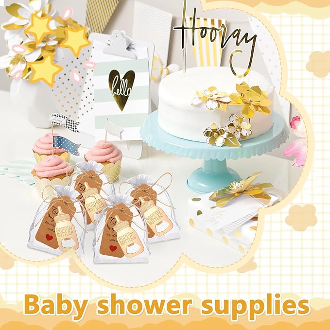 50Pcs Popping Bottle Openers Baby Shower Party Favors For Guests Baby Shower Return Favors Baby Bottle Shaped Bottle Opener Baby Shower Souvenirs With Organza Bags Thank You Cards, small, Gold