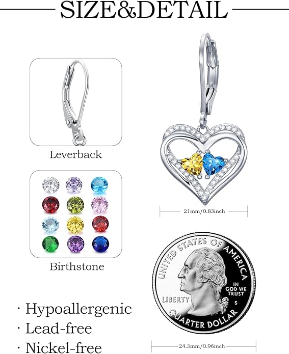 Heart Leverback Earrings Double Birthstone Dangle Earrings for Women, Love Jewelry for Her, Christmas Gifts for Women, Anniversary Birthday Gift for Mom Wife Girlfriend