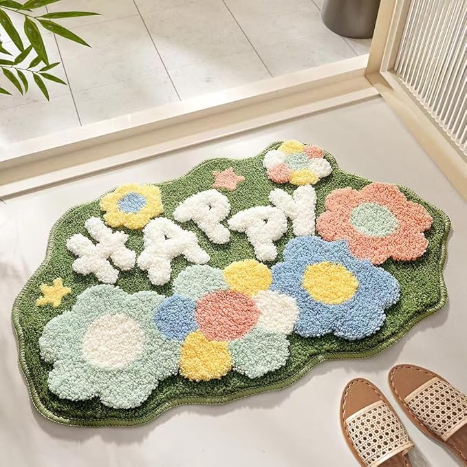 Ankah Shower Rug Bath Mat Forest Series Cartoon Design Bathroom Rug, Fluffy, Soft, Non-Slip, Durable, Absorbent Bath Rug, Irregular Plant Shaped Door Mat and Carpet, 17.7" x 29.5", Happy