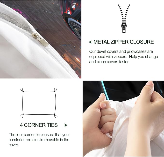 Supercar Duvet Cover King Size Sports Car Bedding Set Sci-Fi Racing Car Comforter Set Neon Cityscape Comforter Cover with Zipper Ties for Bedroom