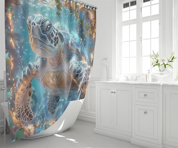 4 Pcs Turtle Shower Curtain - Under The Sea Shower Curtain Set Ocean Bathroom Sets with Shower Curtain and Rugs with 12 Hooks