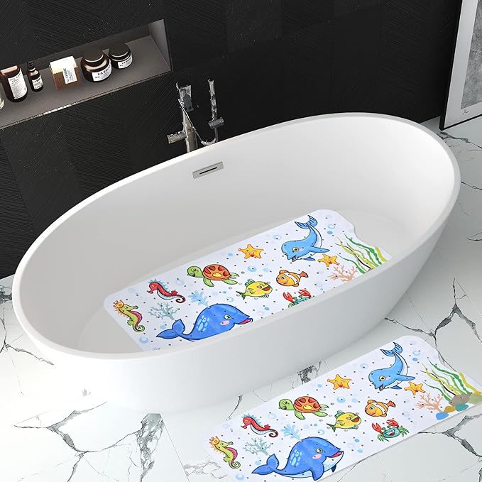 Baby Bath Mat for Tub Kids Non Slip Bathtub Mats Baby Extra Long 40X16 Inch Bathroom Toddler Anti Slip Shower Mat with Suction Cups & Drain Holes,Machine Washable,Whale
