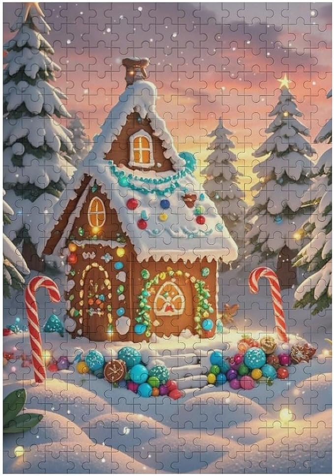 Wooden Puzzle - Christmas Gingerbread House and Candy Jigsaw Puzzles，Wooden Puzzles for Adults 300 Pieces Challenge Puzzles，Educational Games，Family Puzzles，Unique Gifts for Wall Art