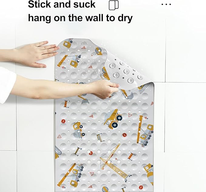 Lnond Kids Non-Slip Bathtub Mat, Extra Long PVC Bath Safety Mat with Strong Suction Cups, Soft & Comfortable, Easy to Clean, for Safer Family Bath Time (Yellow Excavator)