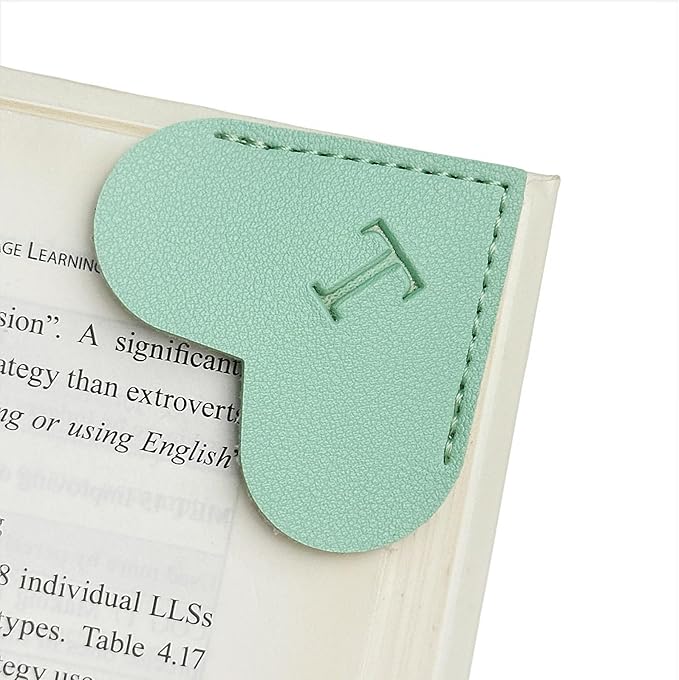 MOTEERLLU Personalized Leather Heart Bookmark with Initial, Cute Letters Custom Corner Book Mark for Reading Women, Teacher, Student, Book Lovers Gifts & Accessories(Green, T)