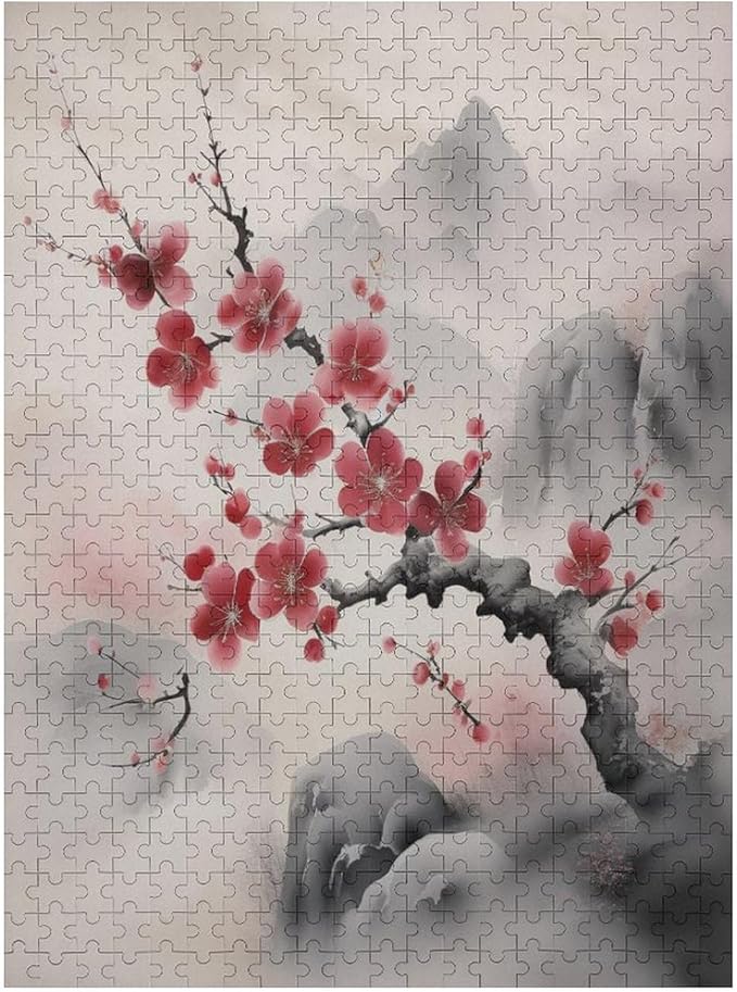 Red Plum Blossom Wooden Puzzle 500 Pieces Jigsaw Puzzles for Adults Puzzle Educational Toys Challenging Fun Games Gifts for Elders Kids Family and Friends