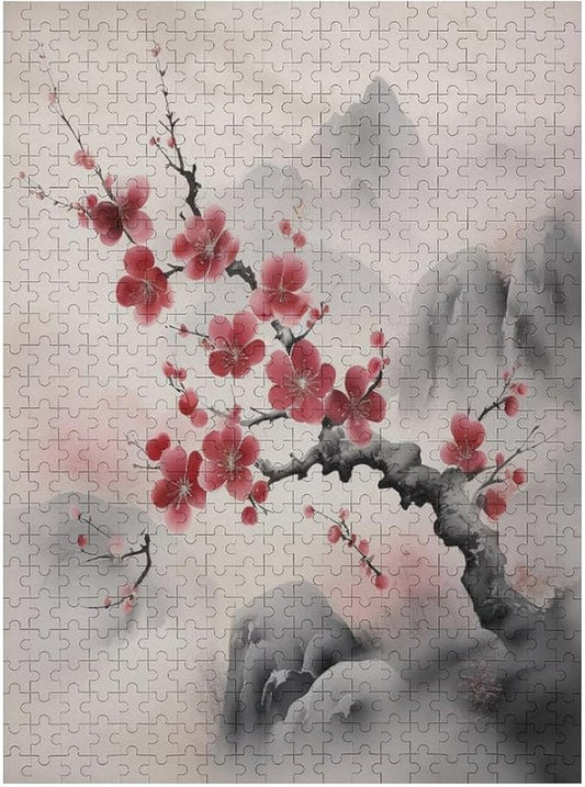 Red Plum Blossom Wooden Puzzle 500 Pieces Jigsaw Puzzles for Adults Puzzle Educational Toys Challenging Fun Games Gifts for Elders Kids Family and Friends
