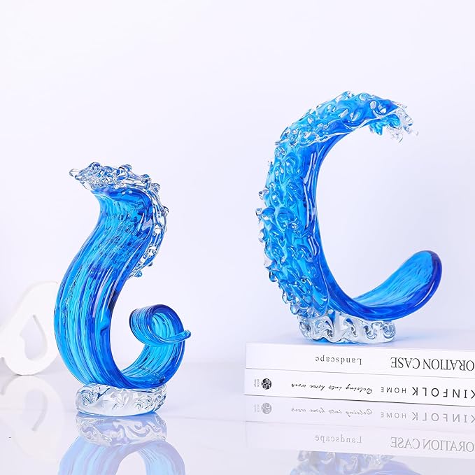 LCCCK Blue Glass Beach House Decor, Hand Blown Ocean Wave Decorate, Tall Blue Glass Sculpture Home Decor, Ocean Wave Fused Art Figurines, for Sea Art Beach Coastal Nautical Office Surfers Gifts
