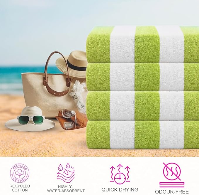 CASA COPENHAGEN Cabana Beach Designed in Denmark Rough and Tough, Quick Dry, Pool, Bath & Shower 30x60 inches 4 Pieces Cotton Beach Bath Towels Set - Green