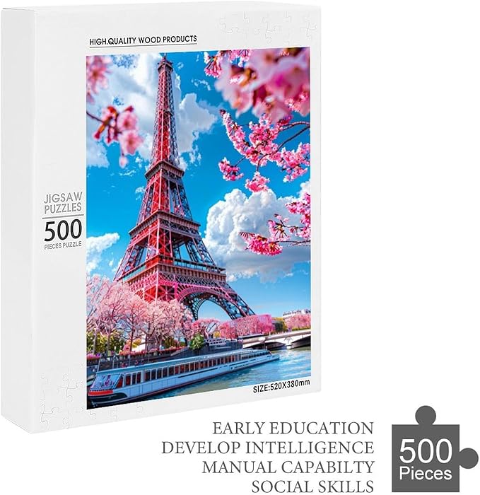 Wooden Puzzle - Eiffel Tower by The River Jigsaw Puzzles，Wooden Puzzles for Adults 500 Pieces Unique Gifts for Wall Art，Challenge Puzzles，Educational Games，Family Puzzles