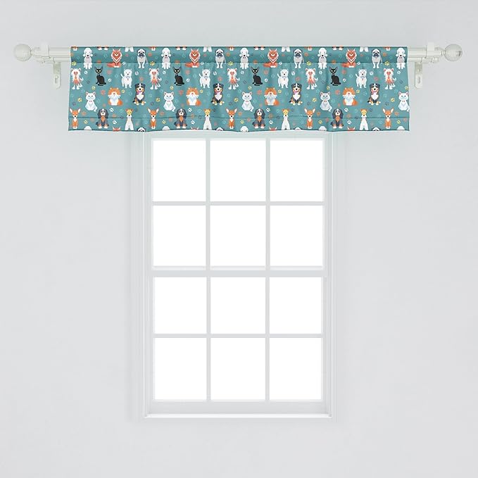 Ambesonne Animal Print Window Valance Pack of 2, Pet Lover Pattern Different Species of Cats and Dog Colorful Paw Prints, Rod Pocket Curtain Valances for Kitchen Bedroom, 54" X 12", White Teal