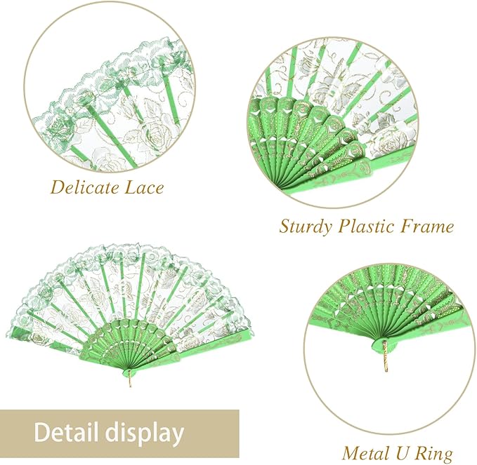 QIRMIZI 10 Pcs Rose Lace Folding Fans,Silk Folding Hand Fans, Perfect for Weddings, Parties, and Dancing,Green
