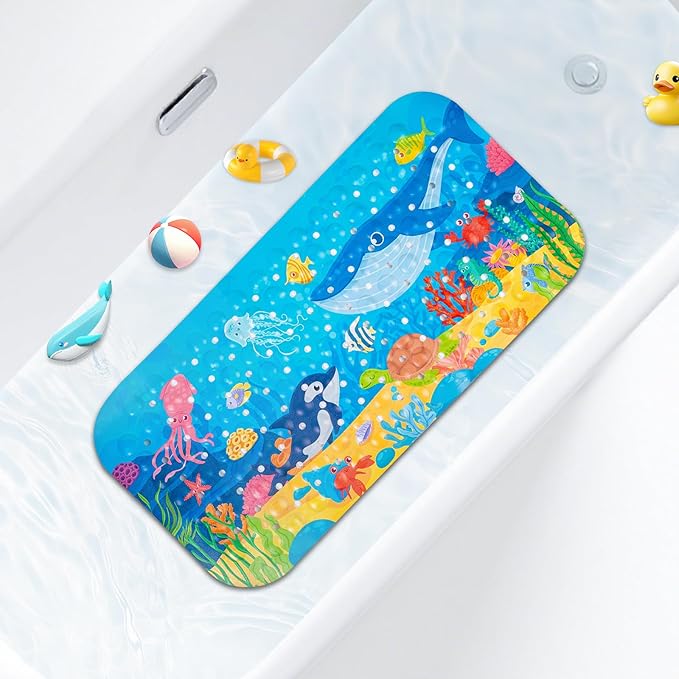 Kids Bath Mat with Ocean Theme Design, 27.6 X 13.8 inches, Non-Slip with 140 Suction Cups, Cartoon Sea Animals Pattern (Small Whale + Dolphin, 27.6 X 13.8in)