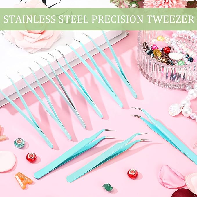 Honoson 9 Pieces Curved Pointed Craft Tweezers Stainless Steel Precision Tweezer with Protective Cover for Rhinestones Dried Flowers Craft Stickers Eyelash Extension Jewelry Making(Blue)