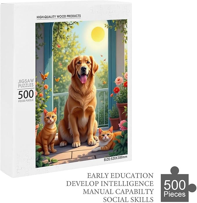 Puzzles for Adults 500 Pieces Wooden Jigsaw Puzzle - Garden Golden Retriever Theme Puzzle，Party Games，Family Toys，Educational Puzzles，Stress Relief Wooden Puzzle，Gifts for Family and Friends