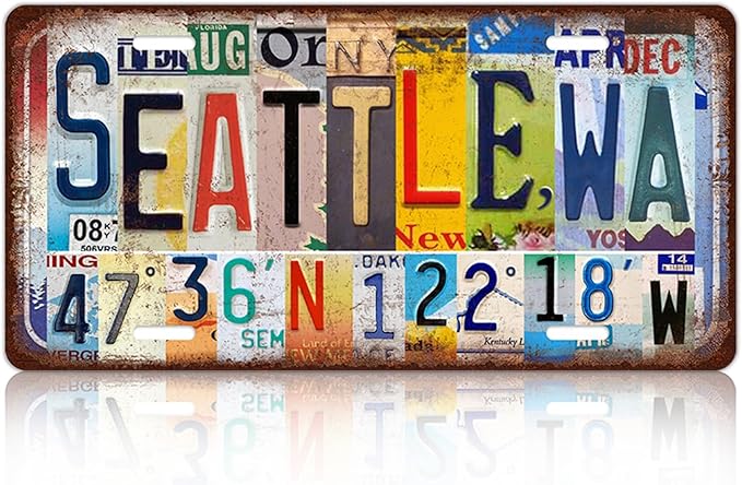 Vintage City License Plate Seattle,Wa Wall Decor Metal Tin Sign for Bar Home Bedroom 12 x 6 Inches （Including latitude and longitude）
