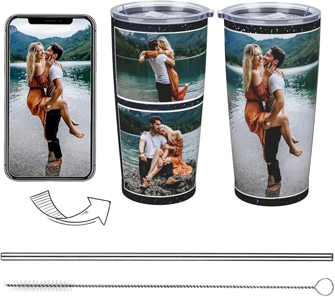 Personalized Custom tumbler Coffee Mug with Lid and Straw Hot and Cold Stainless Steel Vacuum Insulated Travel Mug with Photo Personalized tumbler Gift (20 oz, Funnel, 3 photos)