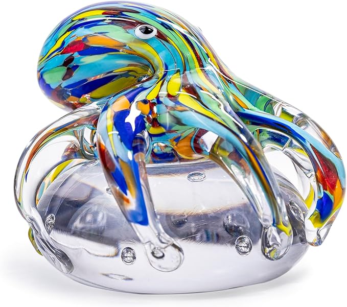 Hand Blown Art Glass Octopus Figurine on Crystal Ball | Handmade Sea Creature Collectible, Ocean Theme Desk Paperweight & Aquarium Decor (Turquoise)
