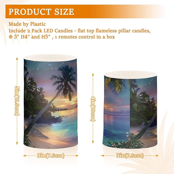 ALAZA Blue Green Sea Water Palm Trees Tropical Flowers Flickering Flameless Candles Battery Operated with Remote Timer,Tea Light Candles LED Pillar Votive Candles Set of 2 for Outdoor Indoor