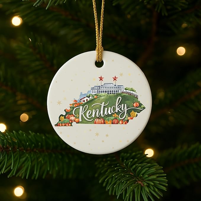 USA State Landmark Ceramic Ornament – Round Glossy Christmas Decoration Featuring U.S. State Art, Landmarks & Holiday Scenery – Collectible Travel Souvenir Ornament Series (Kentucky)