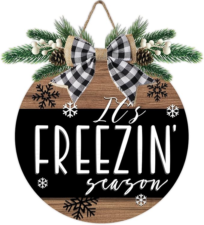 Deroro Winter It's Freezin Season Front Door Sign, Farmhouse Rustic Snowflake Wood Door Hanger Outdoor Outside Porch Decor, Christmas Wooden Wreath with Checkered Bow Indoor Wall Hanging Decoration