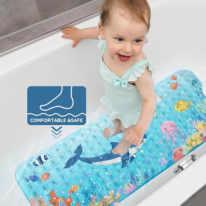 LNOND Bath Mat for Tub for Kids, Toddler Bathtub mat Non Slip, Sharks Fish Kids Bath Mats for Bathroom Non Slip with Drain Holes and Suction Cups,Machine Washable (40 X 16 Inch)