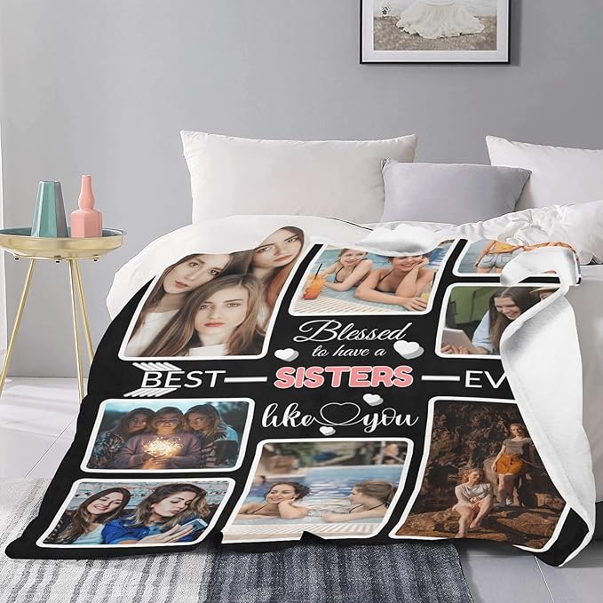 Custom Blanket Gifts with Photos, Personalized Bed Throws for Sisters, Custom Souvenir Throw Blanket for Best Sisters, 8 Collages Made in USA