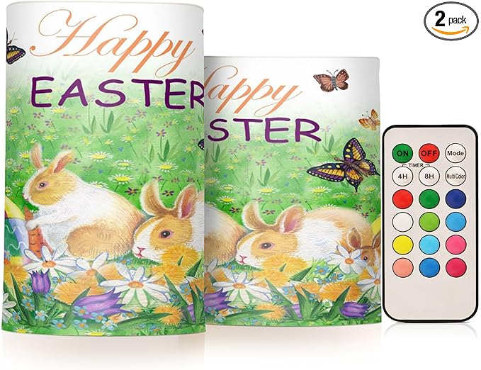 Easter Bunny Eggs Spring Flowers and Butterfly Flickering Flameless Candles Battery Operated with Remote Timer,Tea Light Candles LED Pillar Votive Candles set of 2 for Outdoor Indoor Decorations
