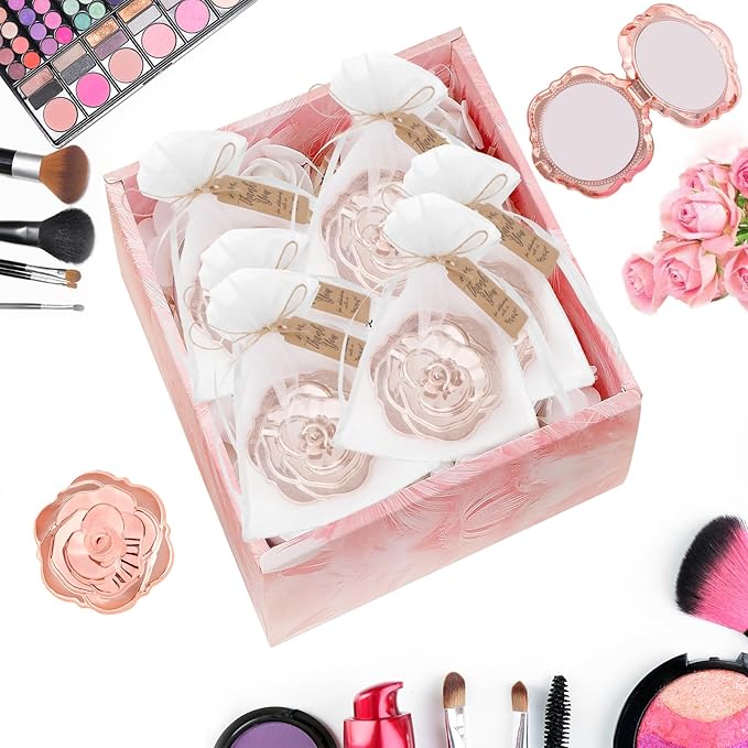 100 Set Rose Compact Mirrors Bulk Quinceanera Wedding Party Favors Including Rose Shape Mirrors and Thank You Tags with White Organza Bags for quinceanera, Wedding Party Guests Souvenir Gift (100)