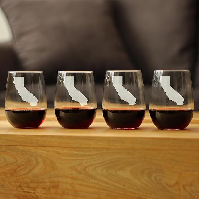 Bevvee California State Outline - Stemless Wine Glass - State Themed Drinking Decor and Gifts for Californians - Set of 4 - Large 17 Ounce