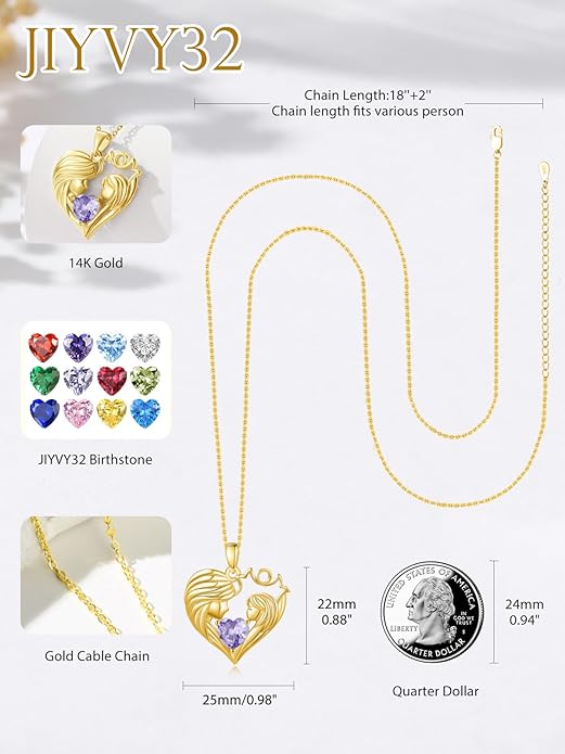Mother and Daughter/Son Love Heart Necklace White Gold/14K Gold/Rose Gold Birthstone Jewelry Christmas Mothers Day Birthday Gifts For Mom Wife Grandma Women
