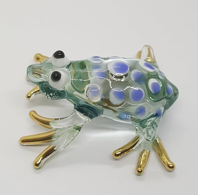 WitnyStore 1¾" Green White Blue Dot Frog Artistic Blown Glass Figurine Premium Hand-Blown Statue Tabletop Decoration Unique Collectible for Adult Collectors Handcrafted Elegant Home Room Decor
