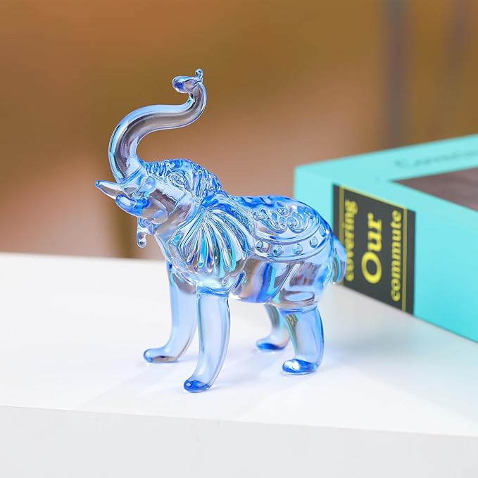 Crystal Elephant Figurine, Glass Statue Gifts, Crystal Animals Collectible Tabletop Decoration Elephant Sculpture with Trunk Up (Blue)
