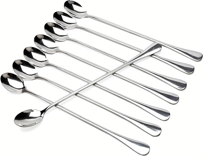Long-handled ice tea spoon, cocktail stir spoons, stainless steel coffee spoons, ice cream scoop Set of 8 (9 IN)