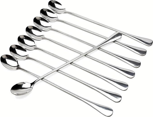 Long-handled ice tea spoon, cocktail stir spoons, stainless steel coffee spoons, ice cream scoop Set of 8 (9 IN)