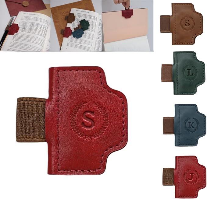 Personalized Magnetic Bygone Mark Bookmark with Pen Holder, 26 Letters Name Initial Custom Leather Book Mark for Women, Gifts for Book Lovers and Readers (Red,S)