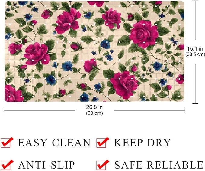 Small Cute Flowers on Beige Baskground Bath Tub and Shower Mats, Non Slip Bathmat with Drain Holes and Suction Cups for Bathroom Floor, 15.1 x 26.8 Inch