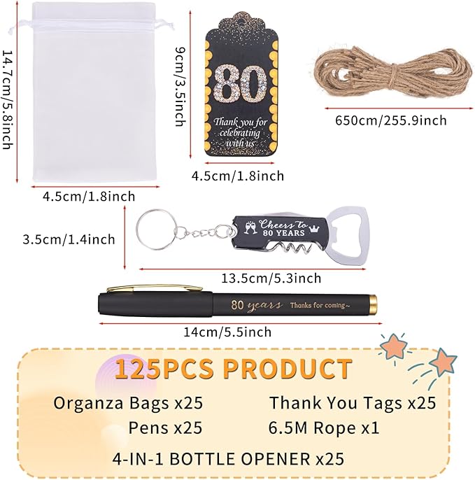 25sets 80th Birthday Party Favors for Guests Including Pens Bottle Opener Keychains Bulk Thank You Cards with Organza Gift Bags for Birthday Anniversary Souvenirs, Cheers to 80 Years