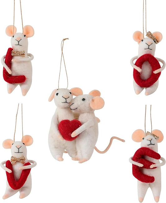 SOFFEE DESIGN Set of 5 Felt Mice Souvenirs Gifts for Wedding, Christmas Hanging Ornaments White Felt Mouse Animal Figurines Tabletop Decor for Anniversary Party Valentine's Day Gift for Women