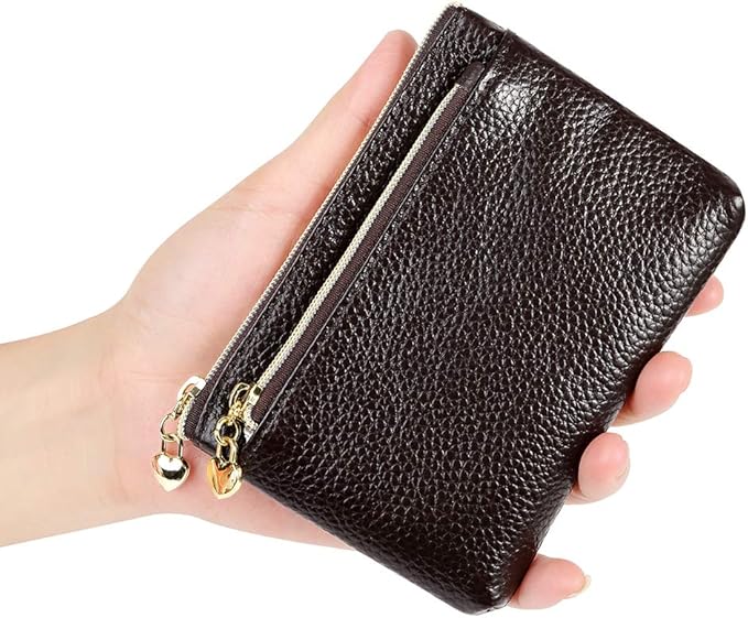 Women's Genuine Leather Coin Purse Zipper Pocket Size Pouch Change Wallet, Coffee