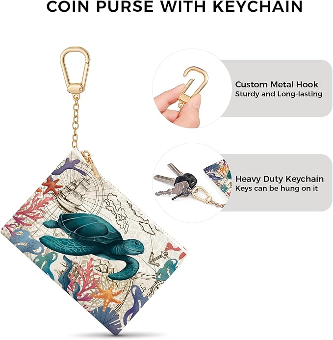 Sea Turtle Keychain Coin Purse for Women, Small PU Leather Change Pouch, Zipper Little Tiny Travel Wallet for Girls, Cute Kawaii Zip Pocket Coin Holder with Key Ring