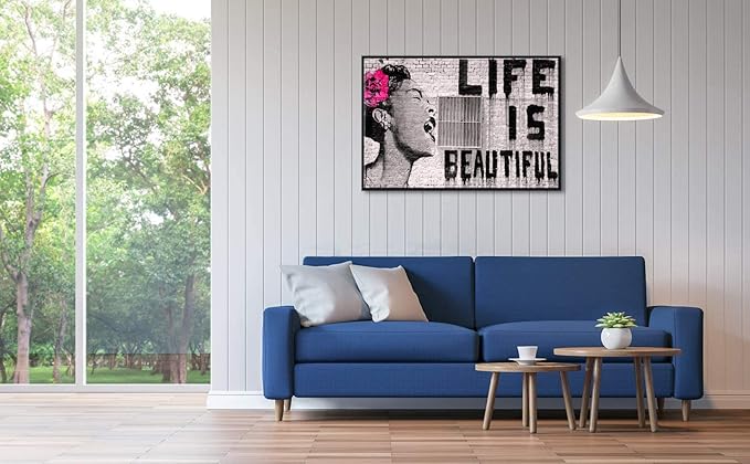 Wieco Art Framed Art Canvas Prints of Banksy Life is Beautiful Abstract Artwork for Wall Decor Black Frame