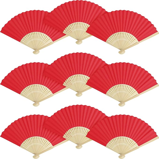 50 Pieces Paper Fans Paper Hand Fan Bamboo Folding Fan Handheld Fan Paper Folded Fan Paper Fan for Wedding Party and Home Decoration (Red)