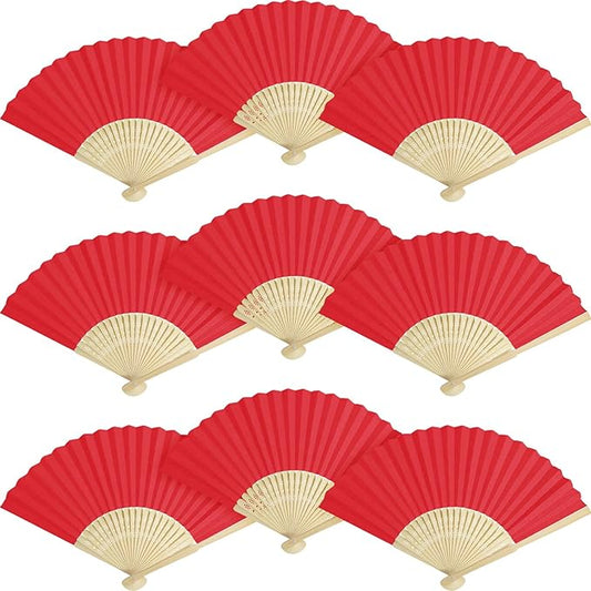 50 Pieces Paper Fans Paper Hand Fan Bamboo Folding Fan Handheld Fan Paper Folded Fan Paper Fan for Wedding Party and Home Decoration (Red)