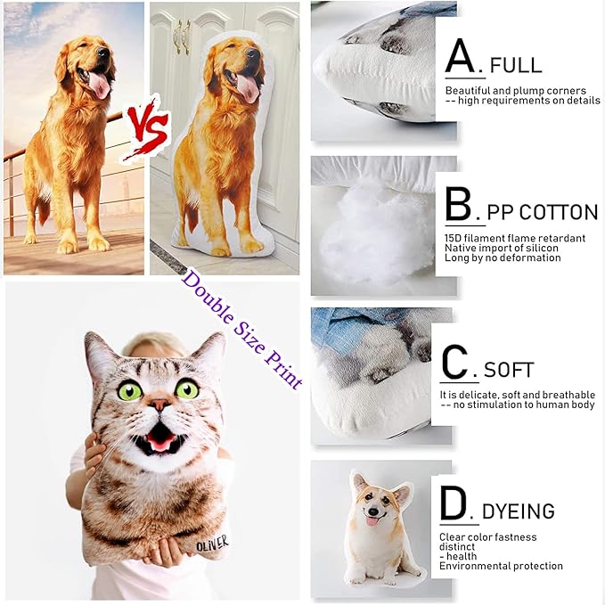 Personalized Pet Pillow, Custom Shaped Pillow with Picture, Super Soft Throw Pillow for Home Sofa Decoration, 24 Inch